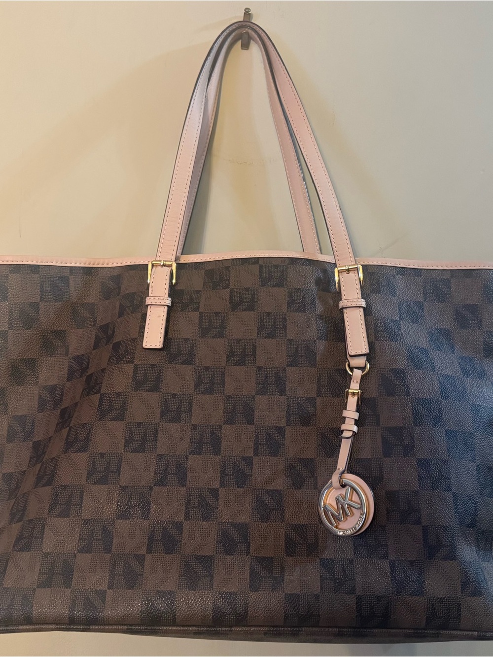 MICHAEL Michael Kors Brown Check Jet Set Tote Tan Trim and Gold Hardware, M,EUC